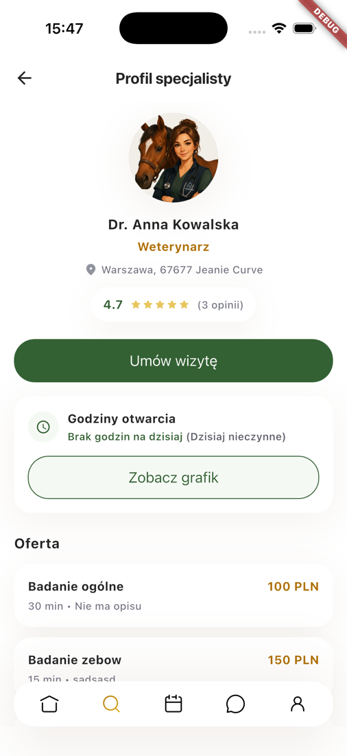 Ekran aplikacji Horsey z profilem specjalisty