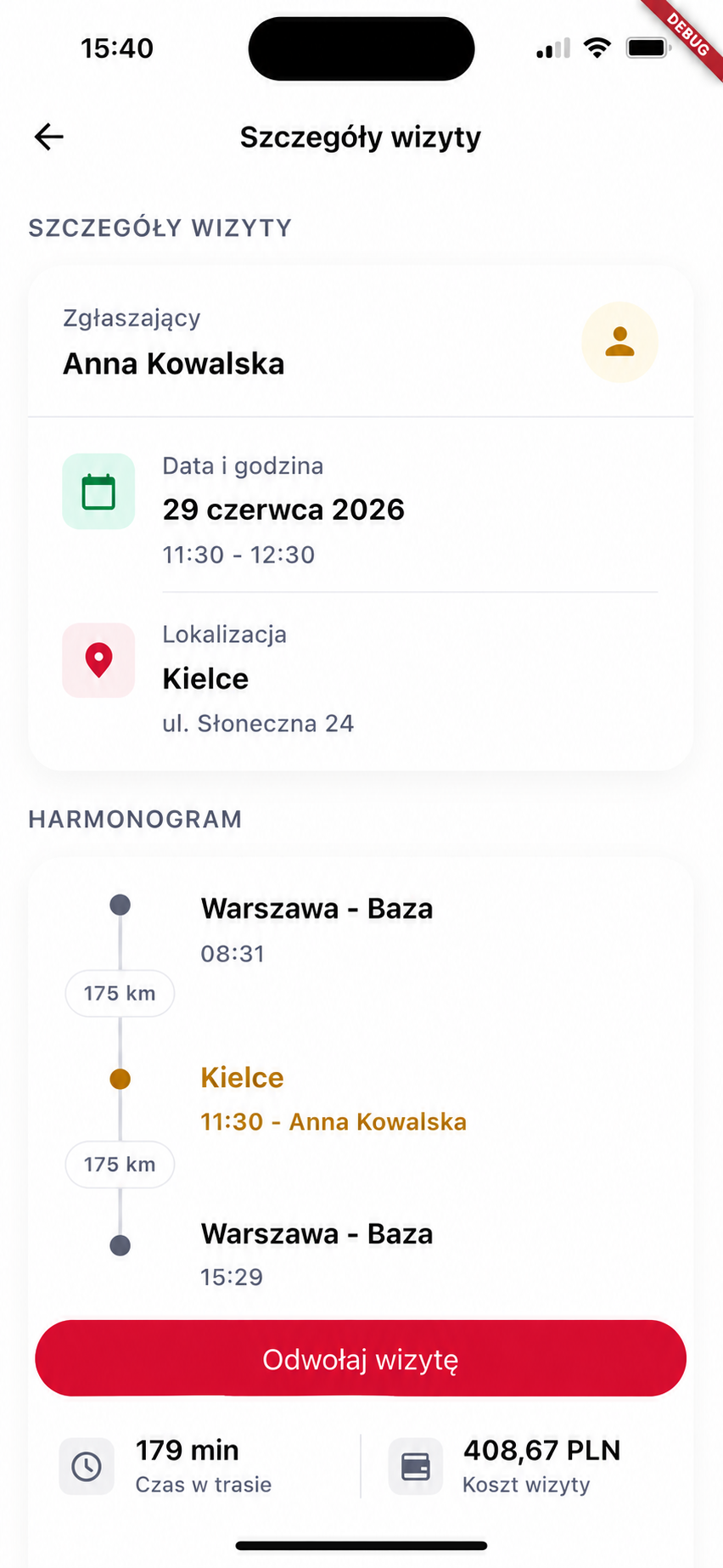 Ekran aplikacji Horsey ze szczegółami wizyty